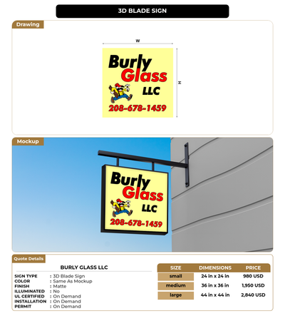 CUSTOM MOCKUP SIGN FOR Burly Glass LLc