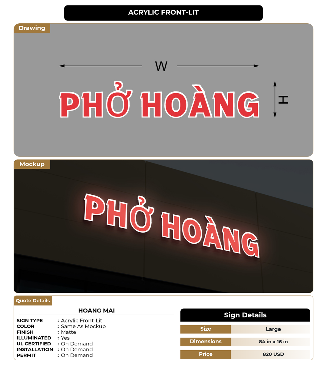 Acrylic Frontlit SIGN FOR Hoang mai