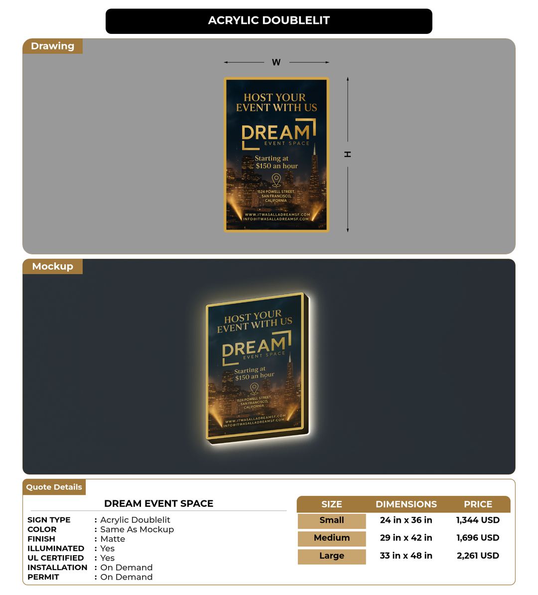 CUSTOM MOCKUP SIGN FOR DREAM EVENT SPACE