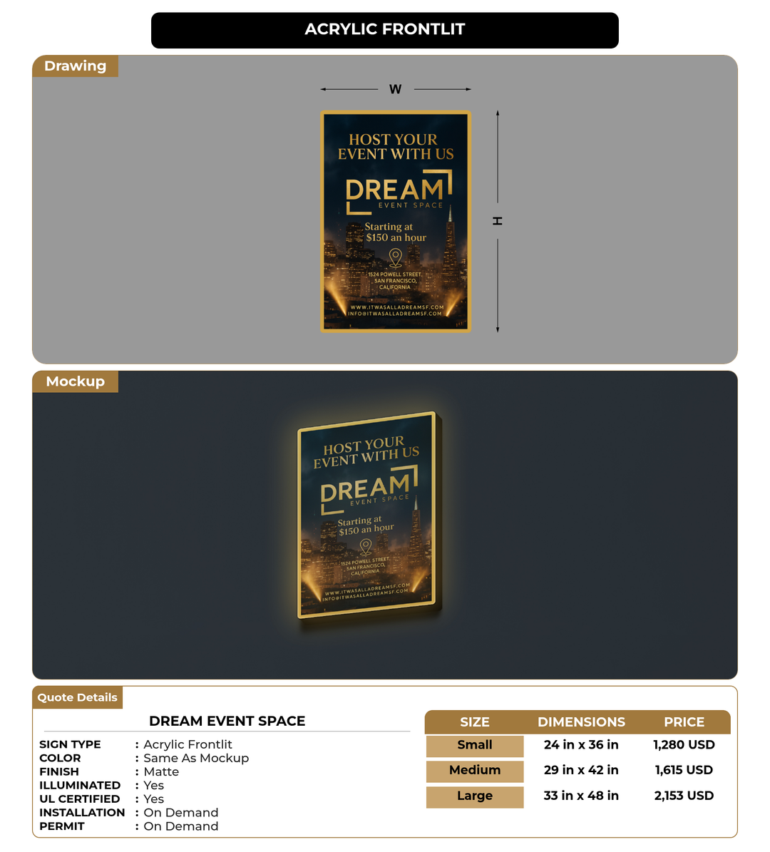 CUSTOM MOCKUP SIGN FOR DREAM EVENT SPACE