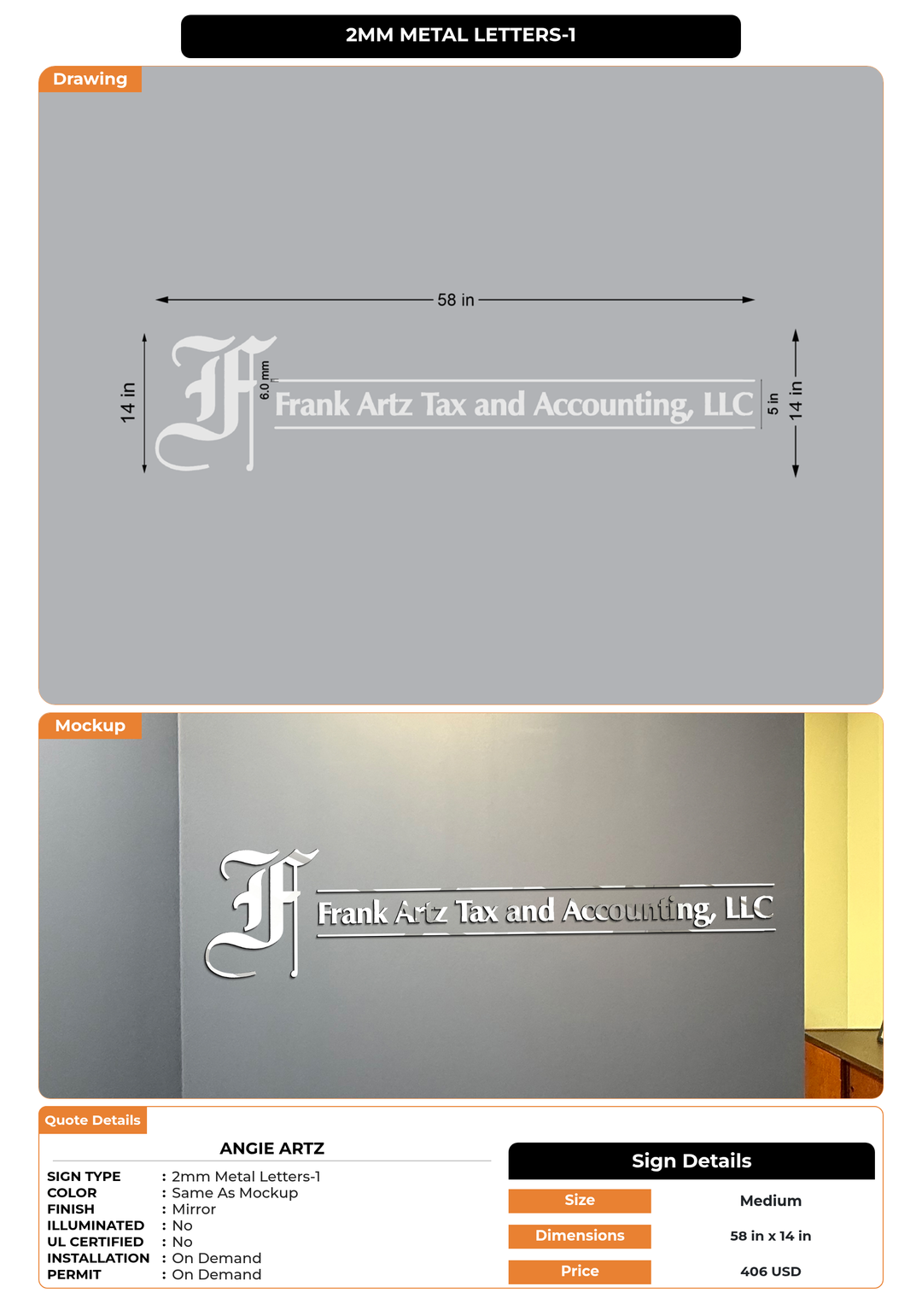 CUSTOM MOCKUP SIGN FOR ANGIE ARTZ