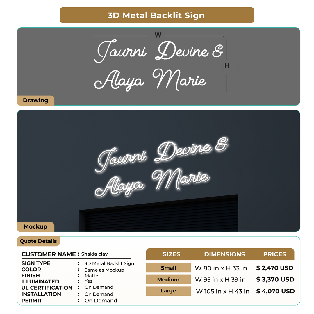 3D Metal Backlit Sign for Shakia clay