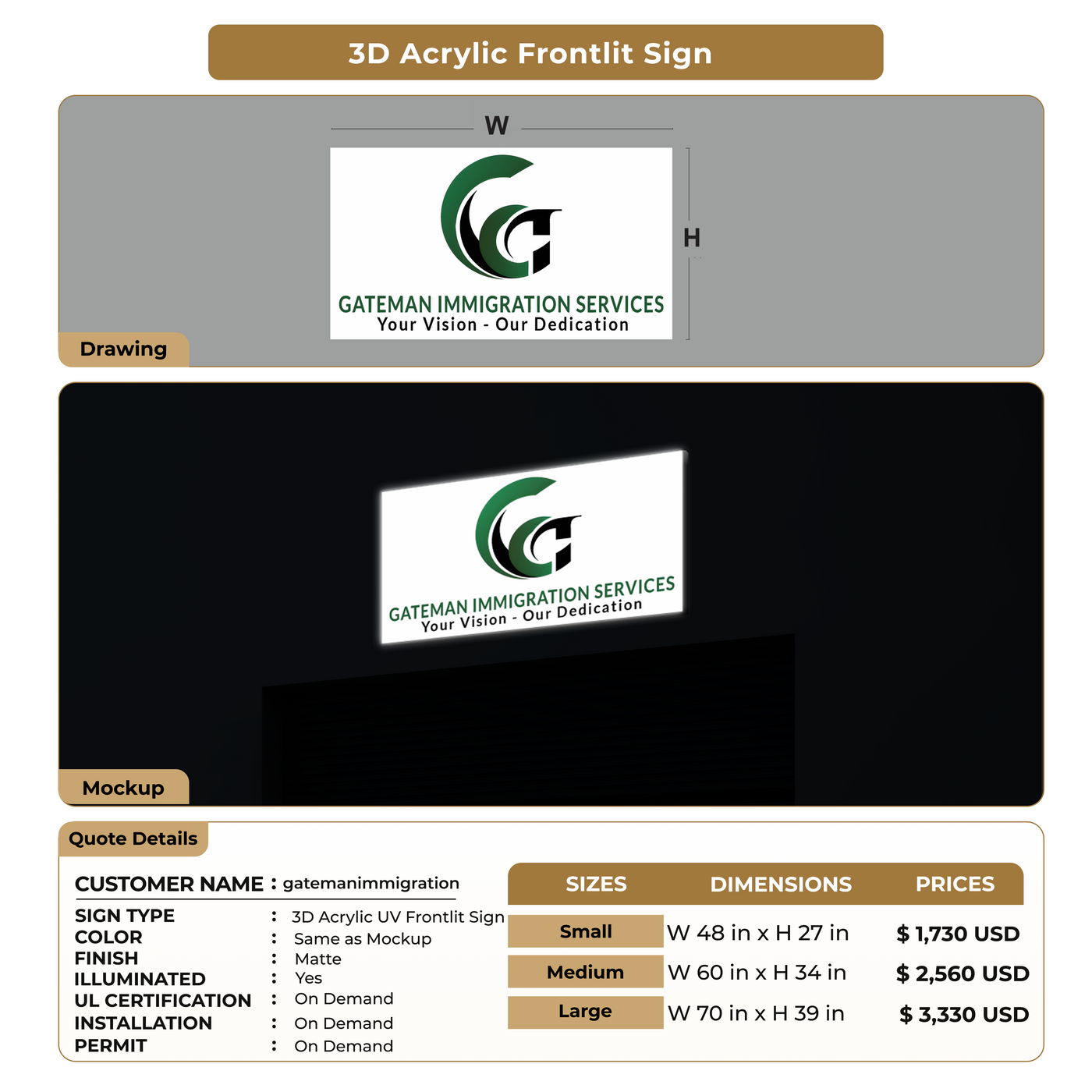 3D Acrylic Frontlit Sign for gatemanimmigration