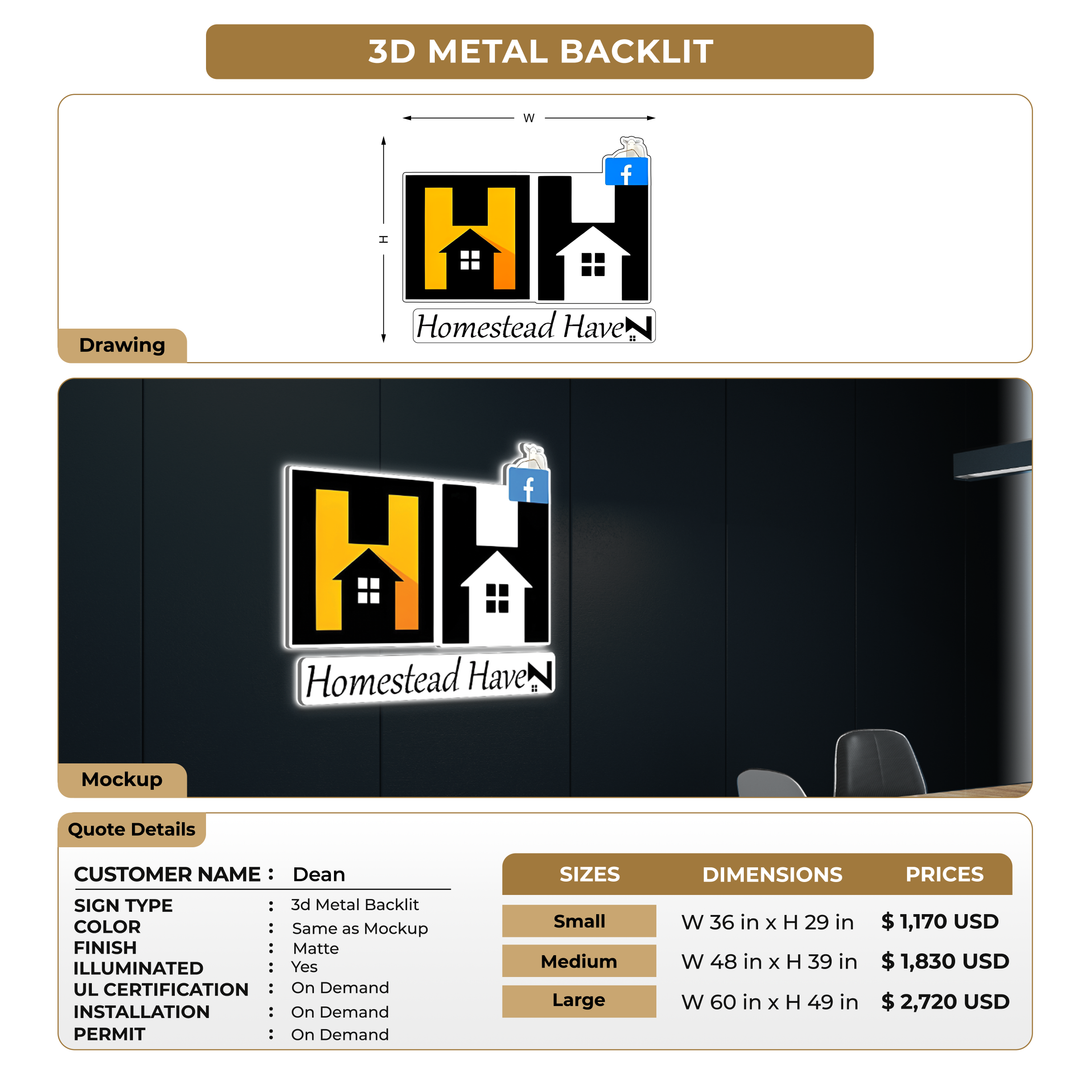 3D Metal Backlit Sign for Dean