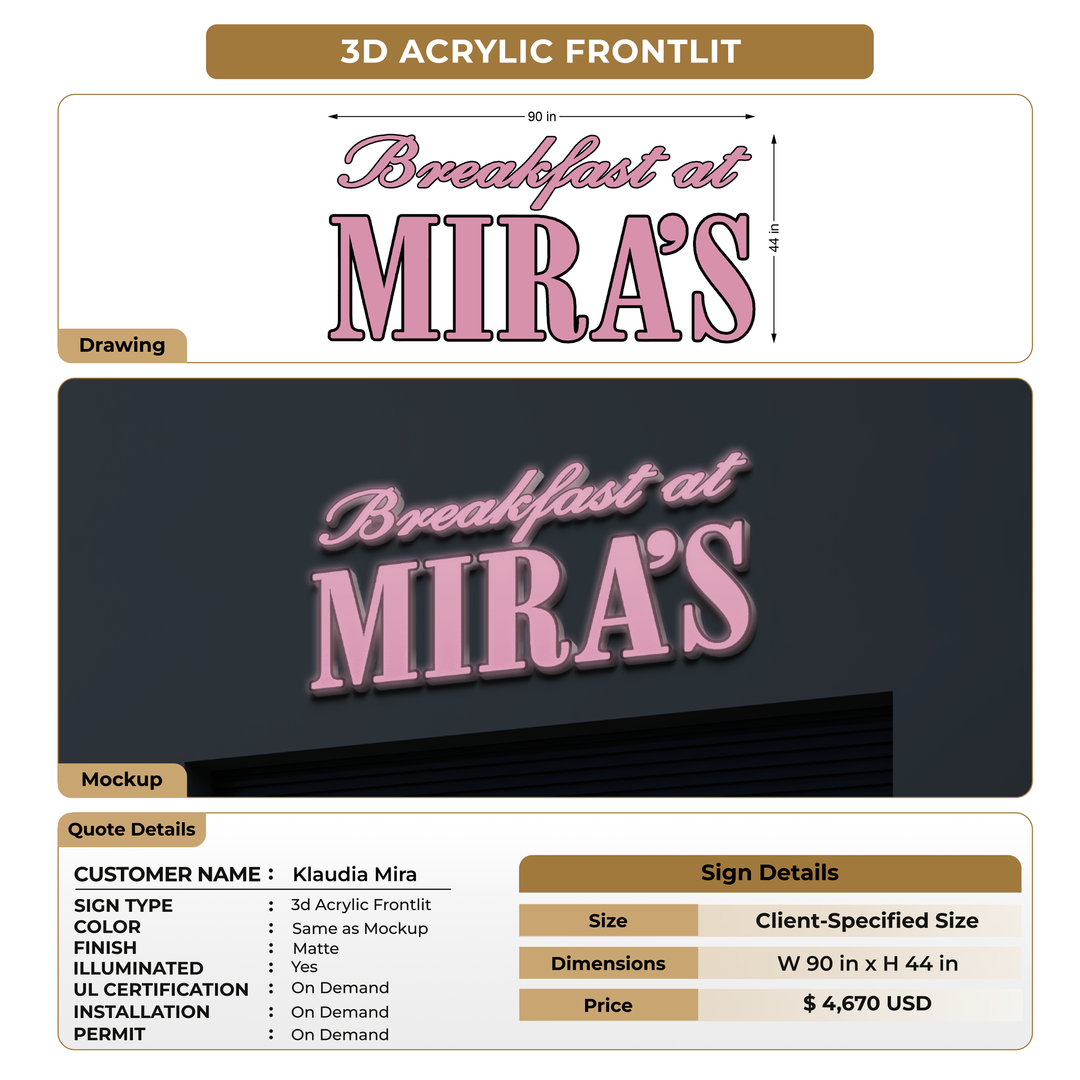 3D Acrylic Frontlit Sign For Klaudia Mira