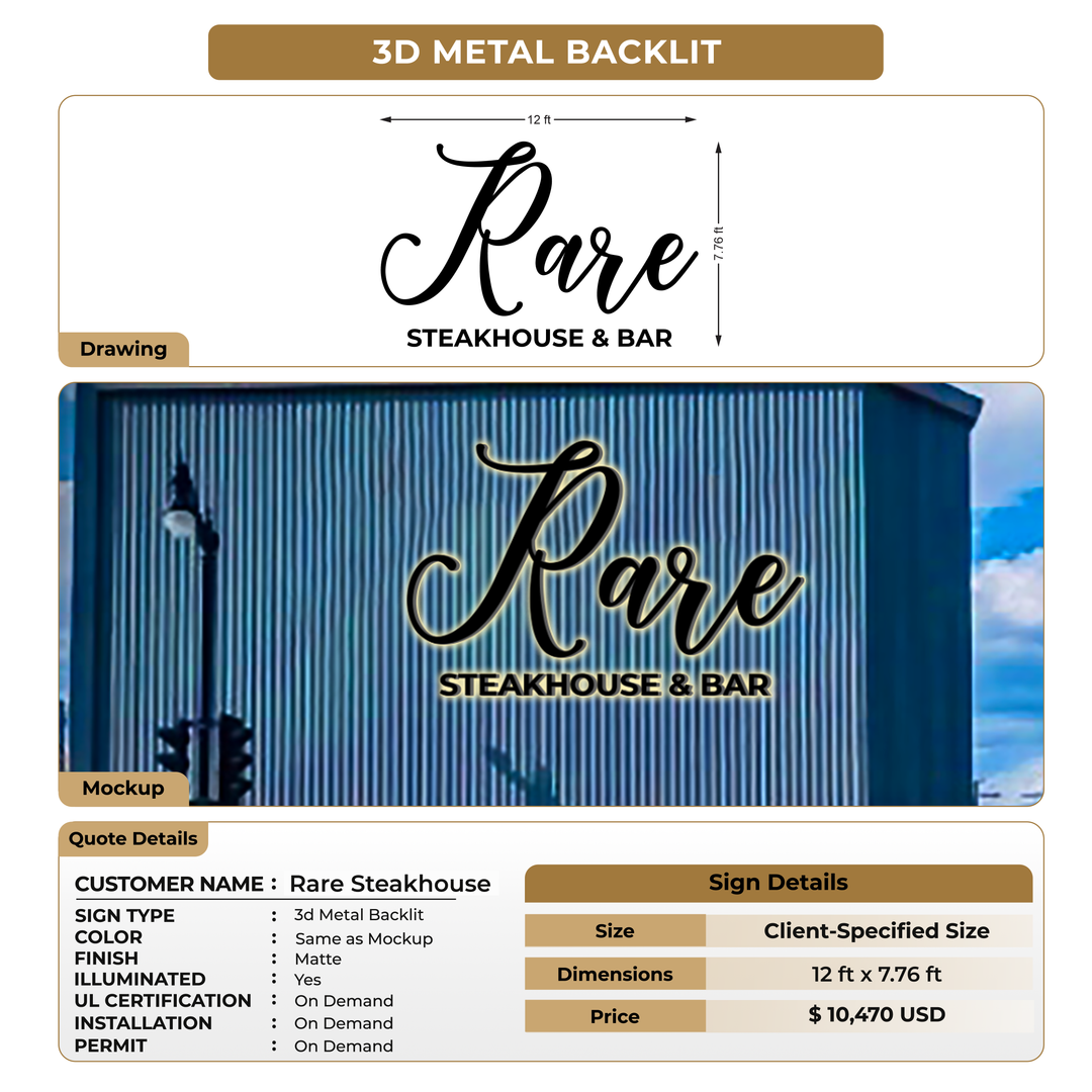 3d metal backlit sign for Rare Steakhouse