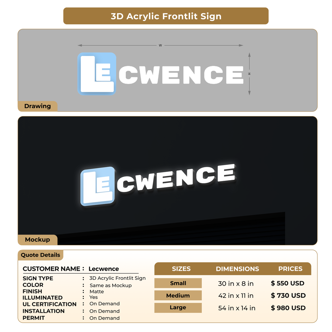 3D Acrylic Front-lit Signs For Lecwence