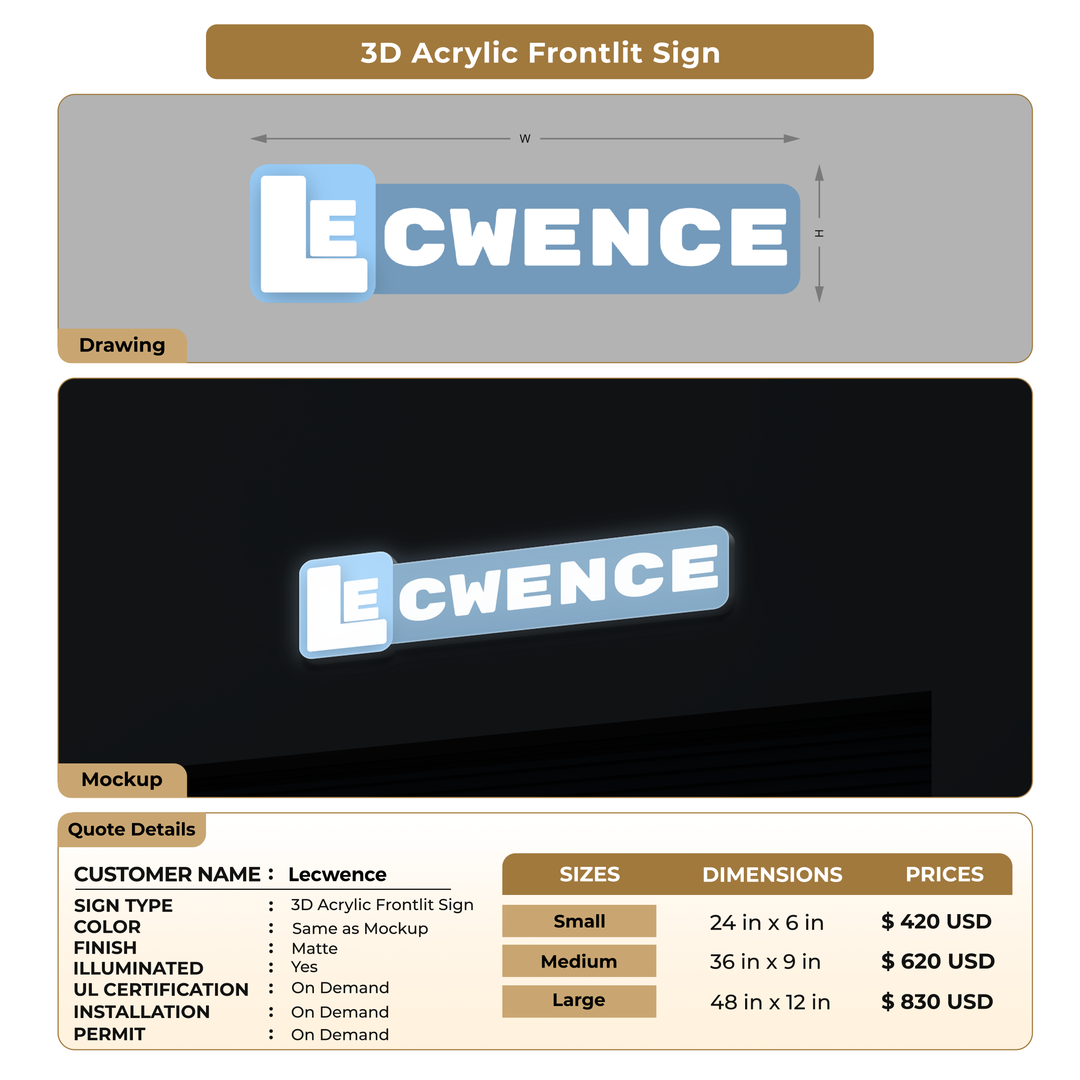 3D Acrylic Front-lit Signs For Lecwence