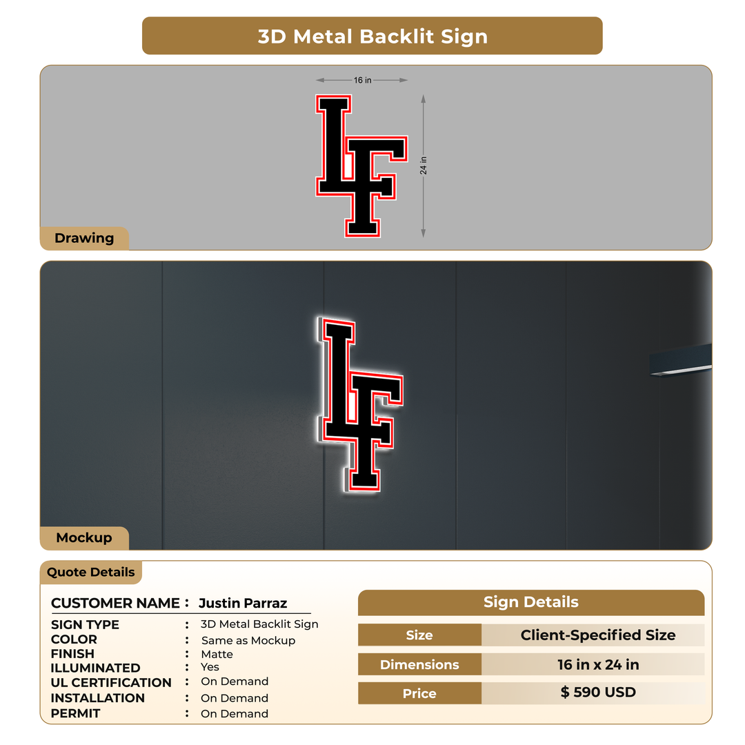 3D Metal Back-lit Sign For Justin Parraz