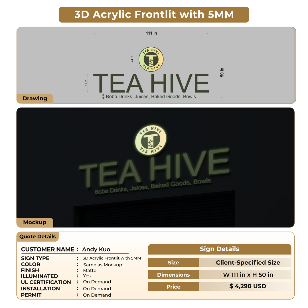 3D Acrylic Frontlit with 5mm metal Sign for Andy Kuo