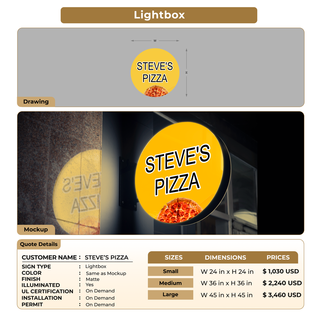 light box sign for STEVE’S PIZZA