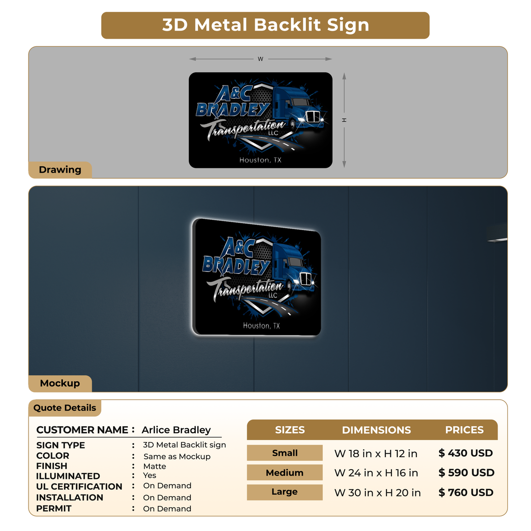 3D Metal Back-lit Sign For Arlice Bradley