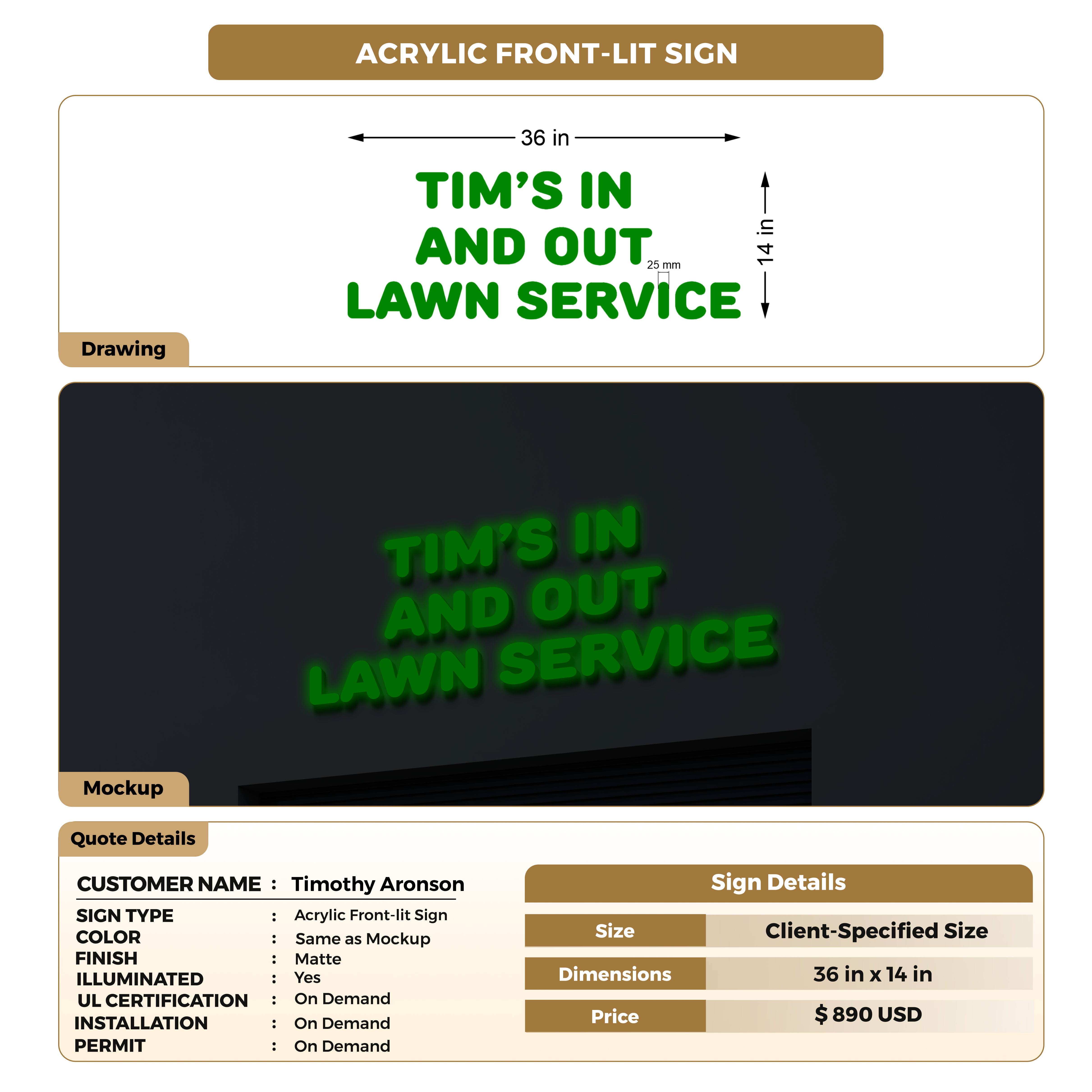 3D Acrylic Front-lit Sign For Timothy Aronson – Signize