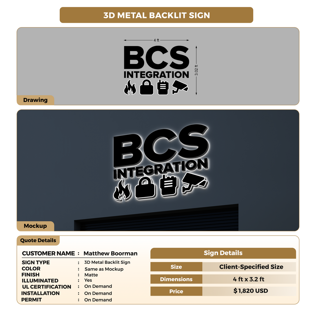 3d metal backlit sign for Matthew Boorman
