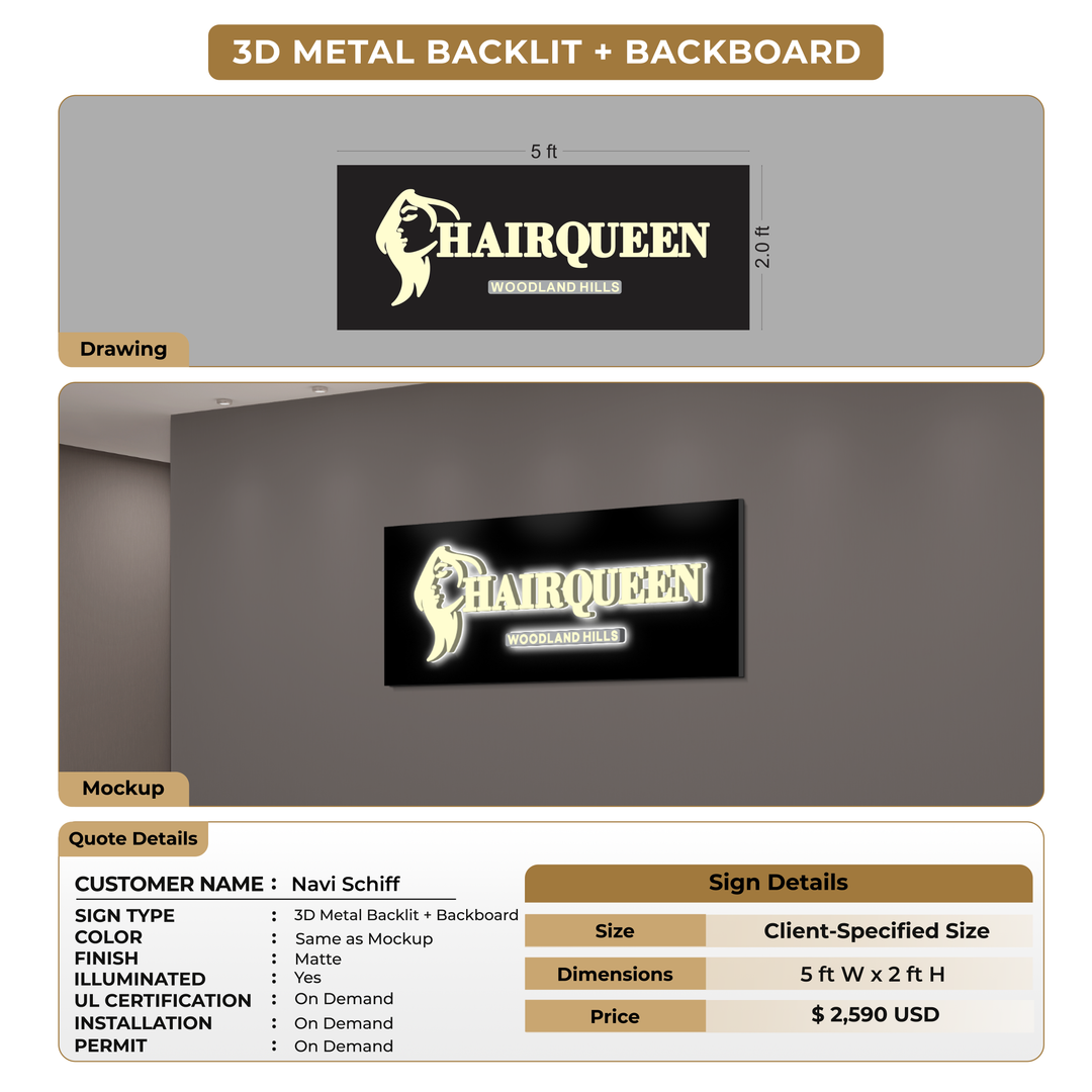 3D Metal Backlit + Backboard Signs For Navi Schiff