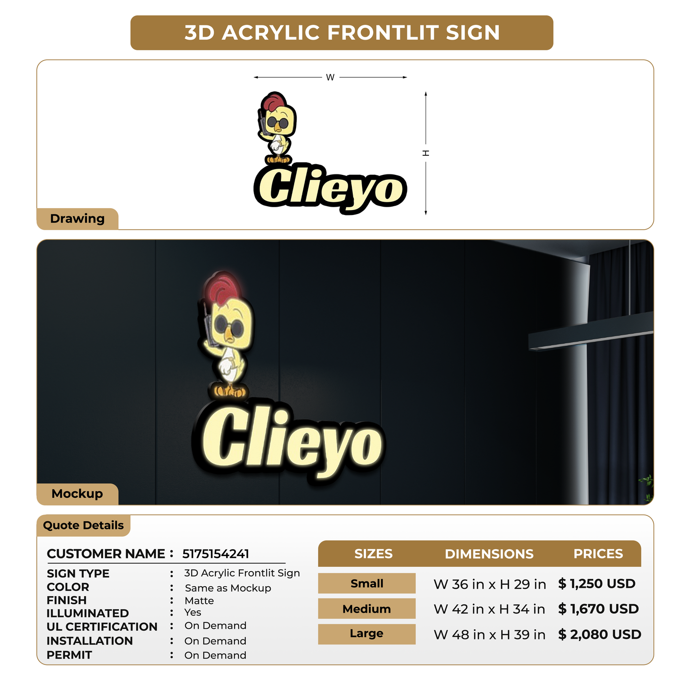 3D Acrylic Frontlit Sign For 5175154241