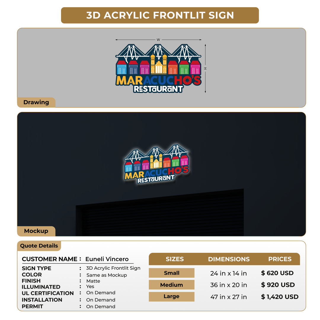 3d acrylic frontlit for Euneli Vincero