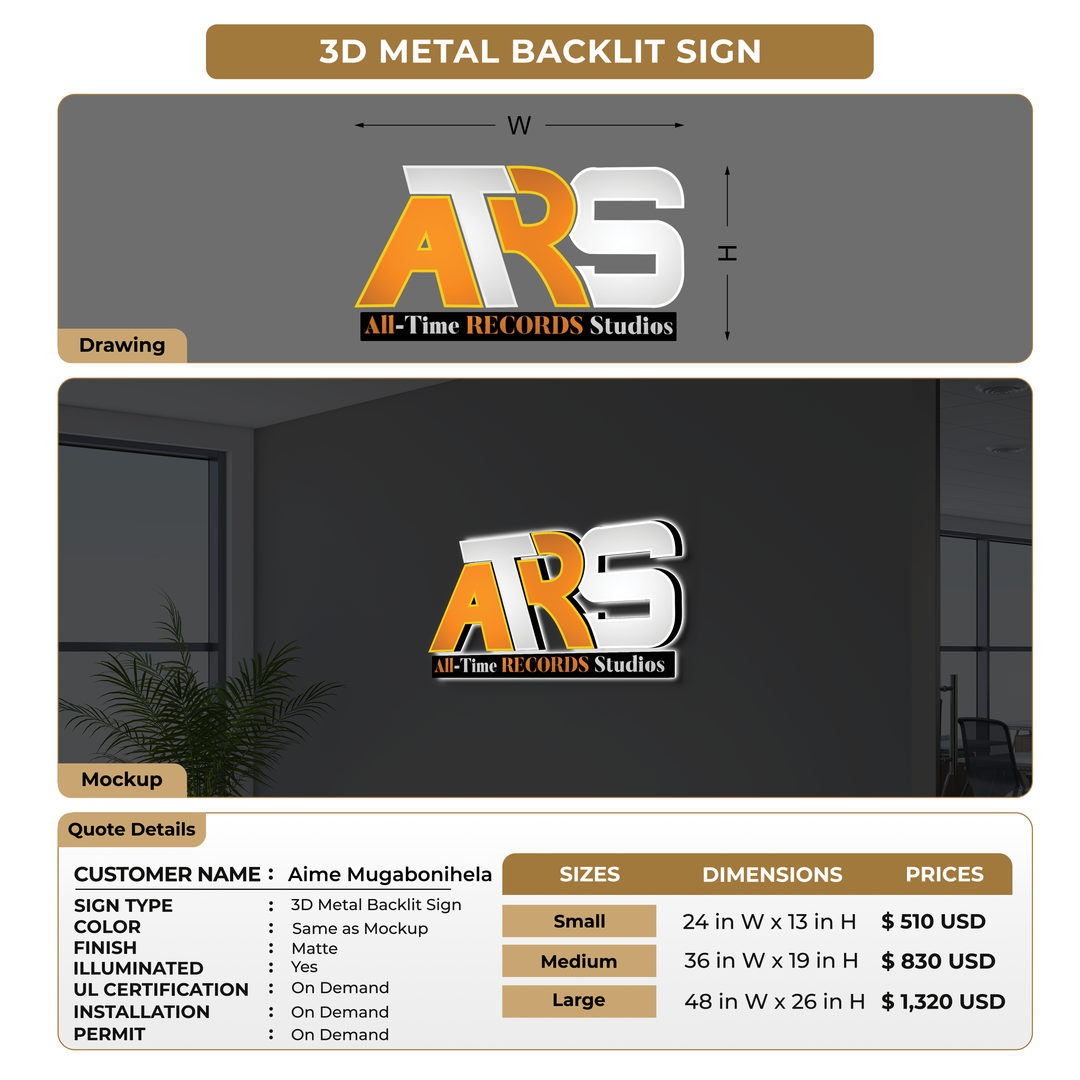 3D Metal Backlit Sign For Aime Mugabonihela