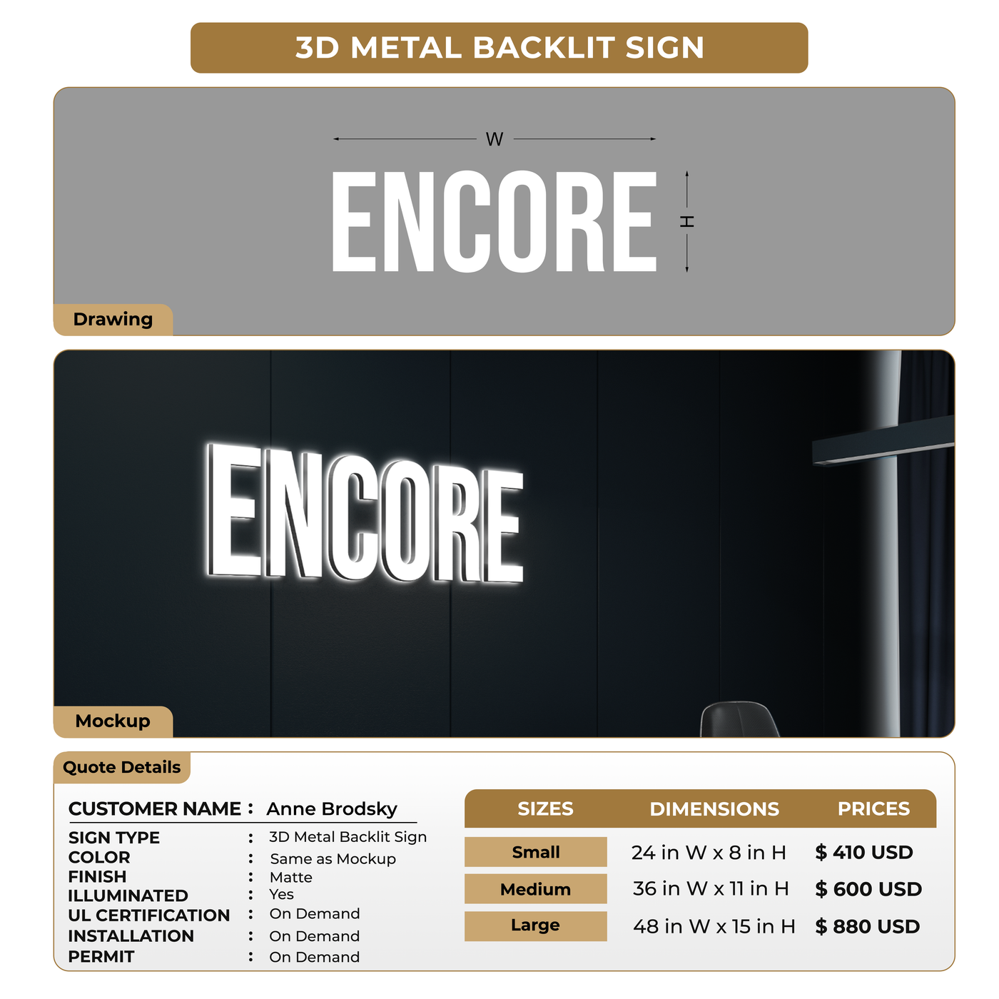 3D Metal Backlit Sign For Anne Brodsky