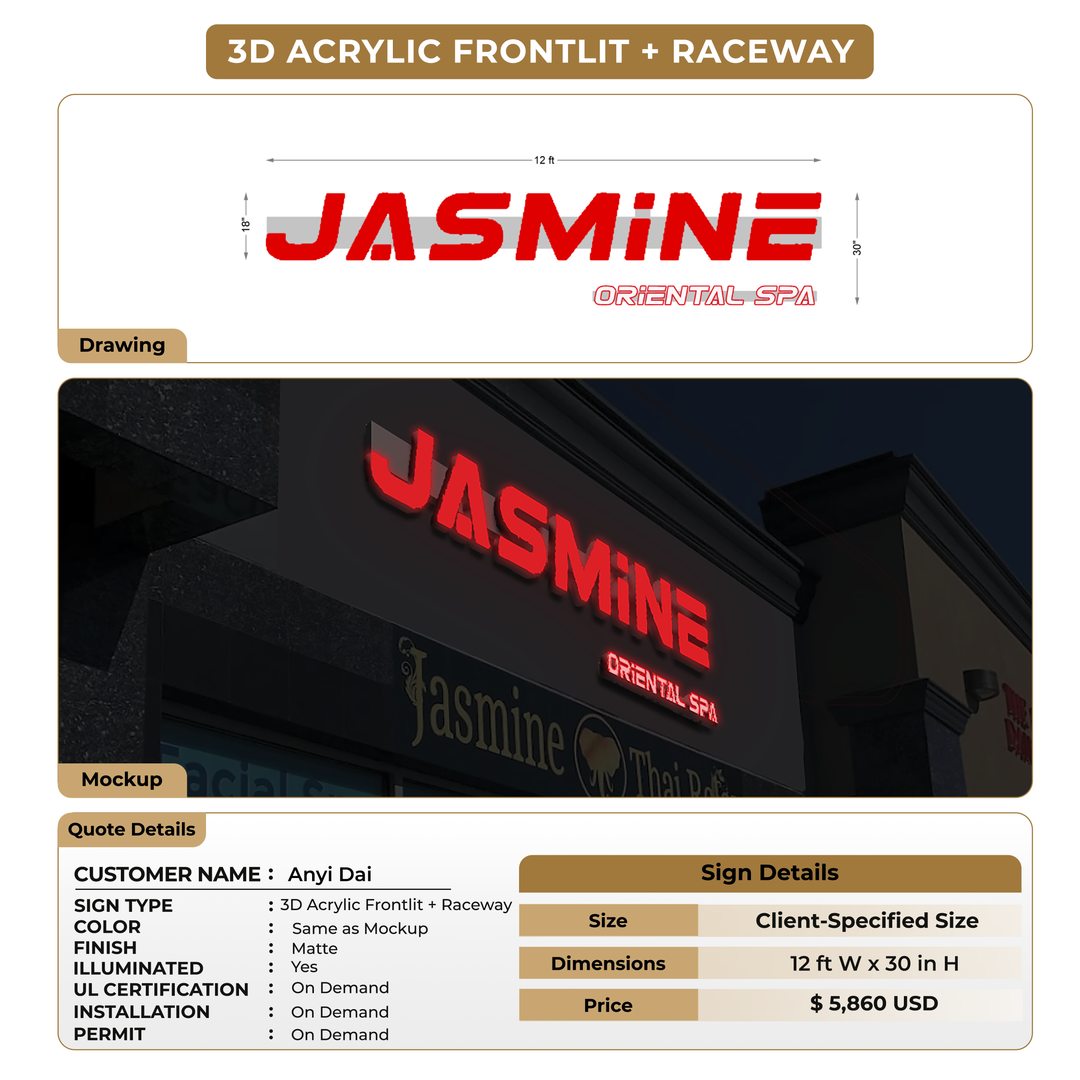 3D Acrylic Frontlit + Raceway Sign For Anyi Dai