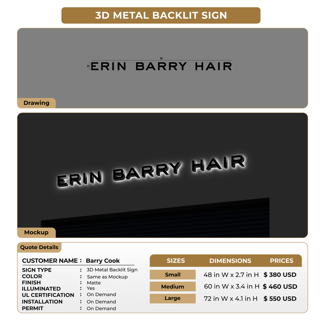 3D Metal Backlit Sign For Barry Cook