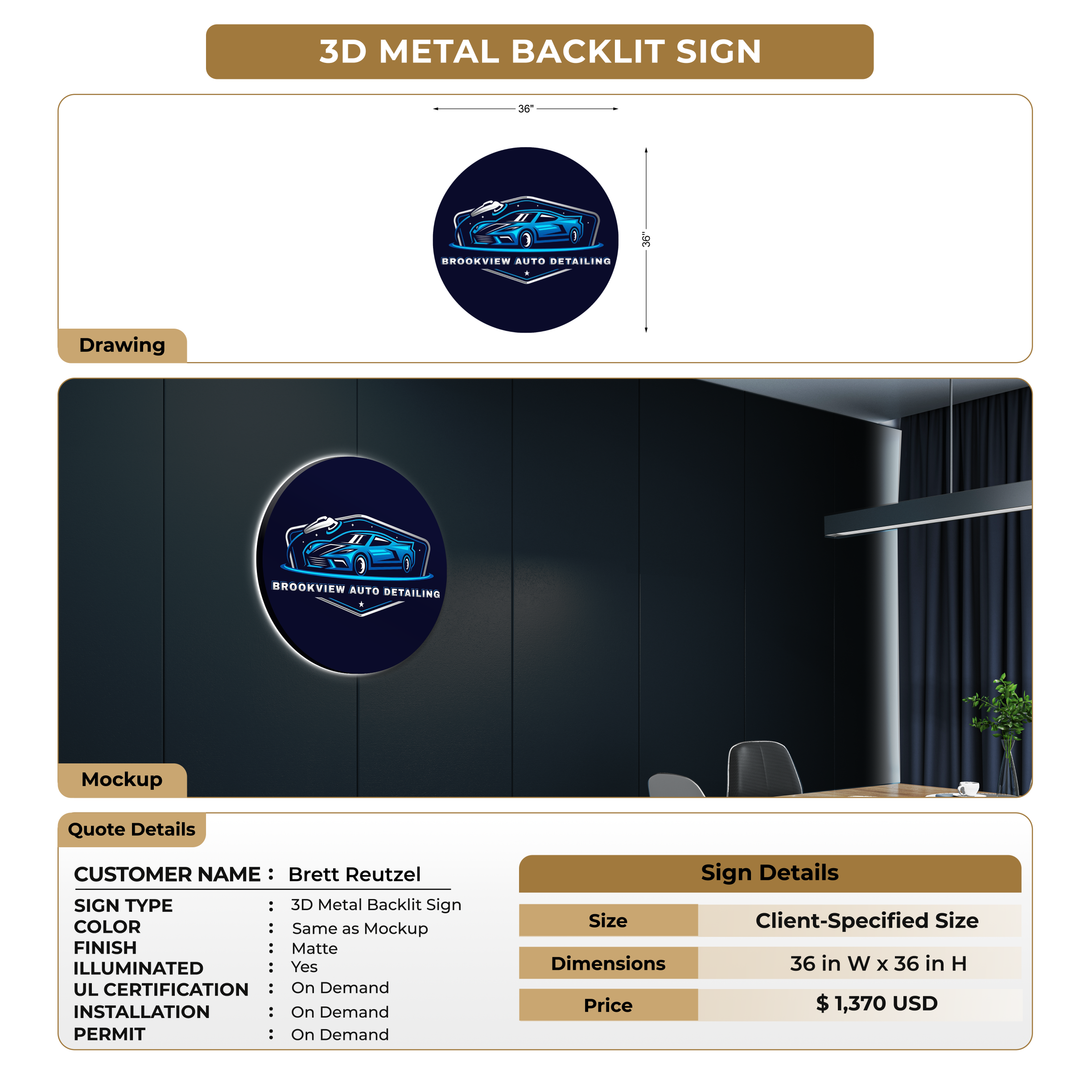 3D Metal Backlit Sign For Brett Reutzel