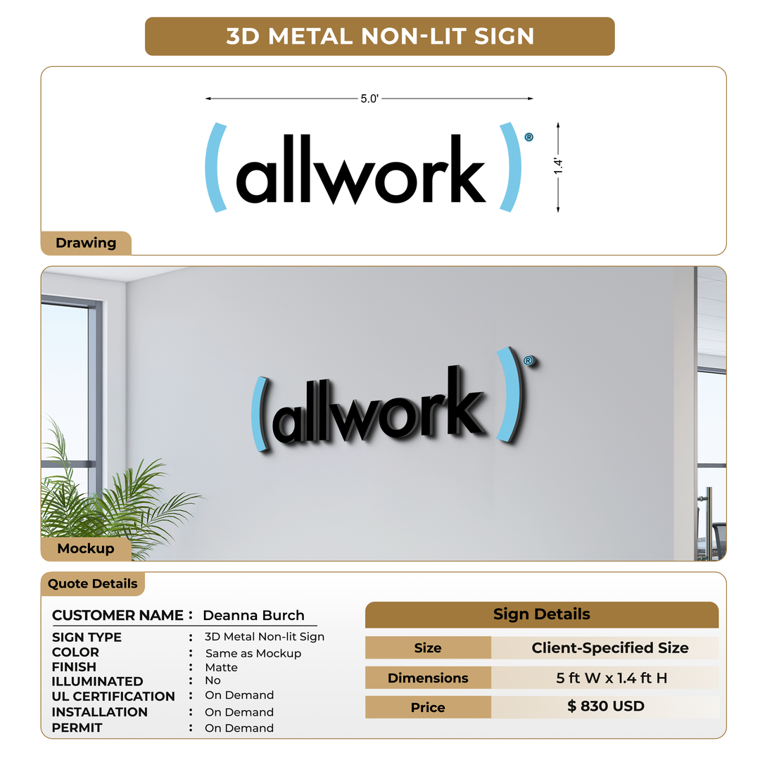 3D Metal Non-lit Sign For Deanna Burch