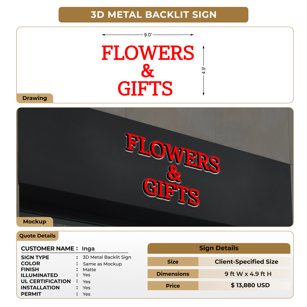 3D Metal Backlit sign for Inga