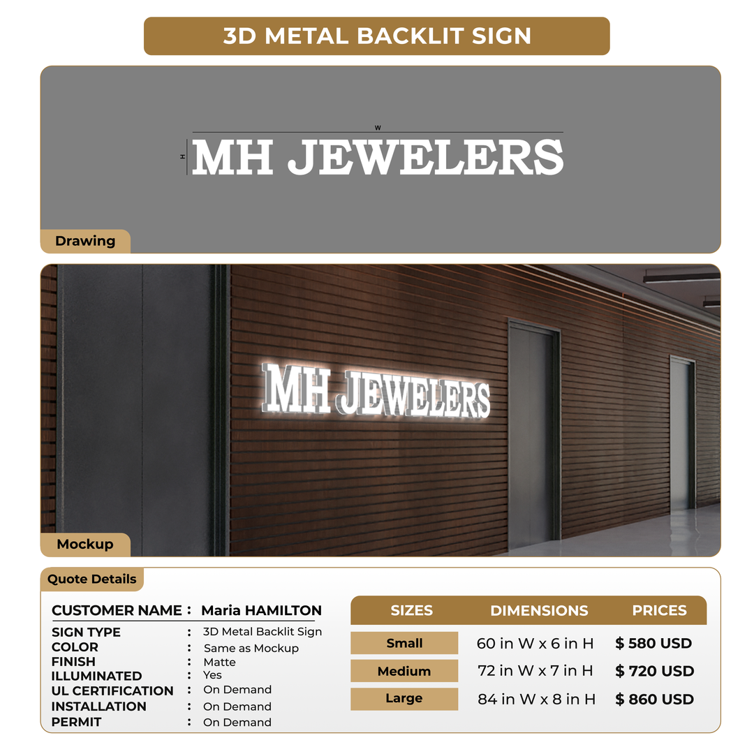 3D Metal Backlit Sign For Maria HAMILTON