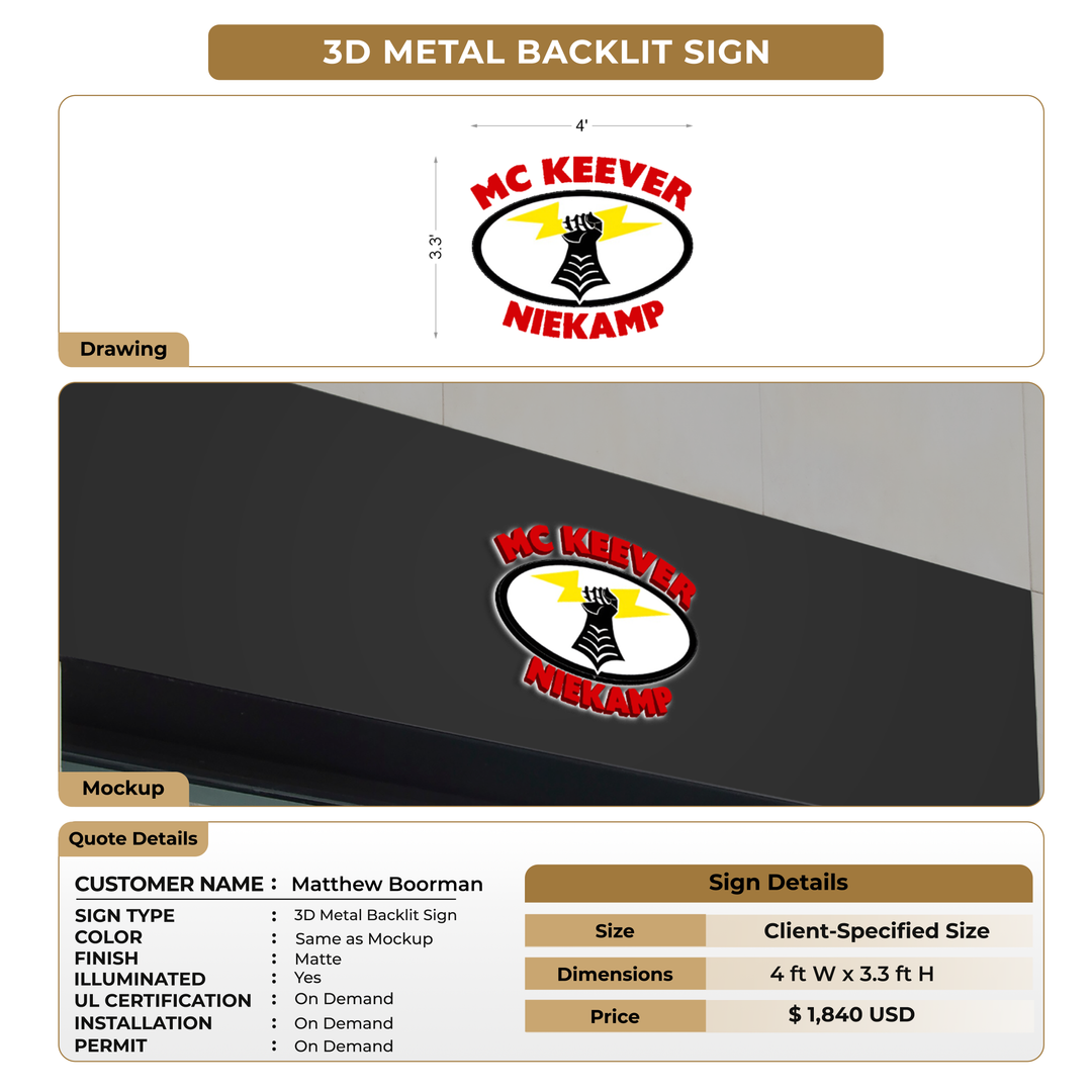 3D Metal Backlit Sign For Matthew Boorman