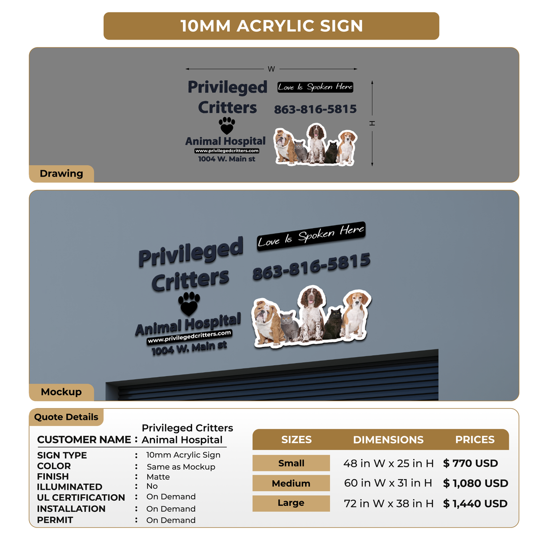 10mm Acrylic Sign For Privileged Critters Animal Hospital