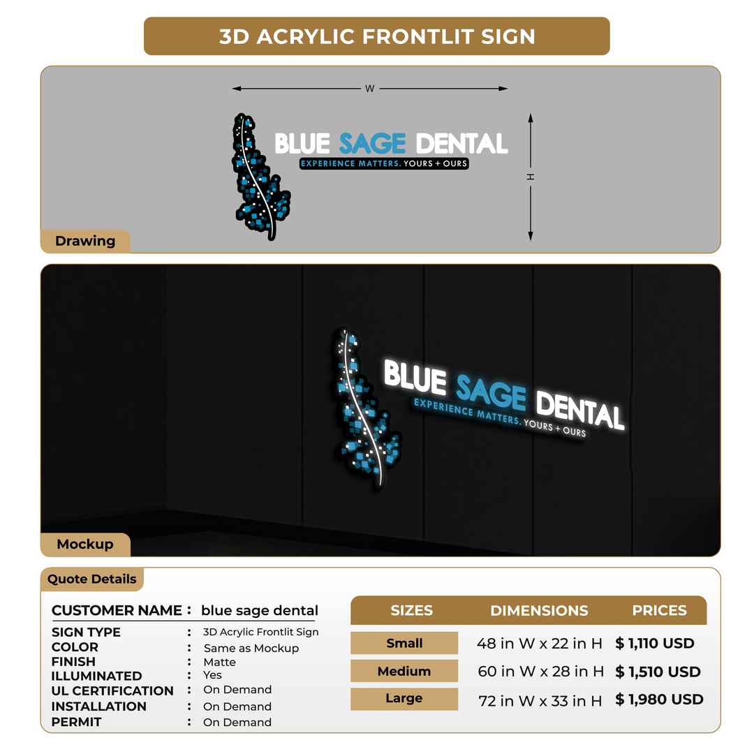3D Acrylic Front-lit Sign For blue sage dental