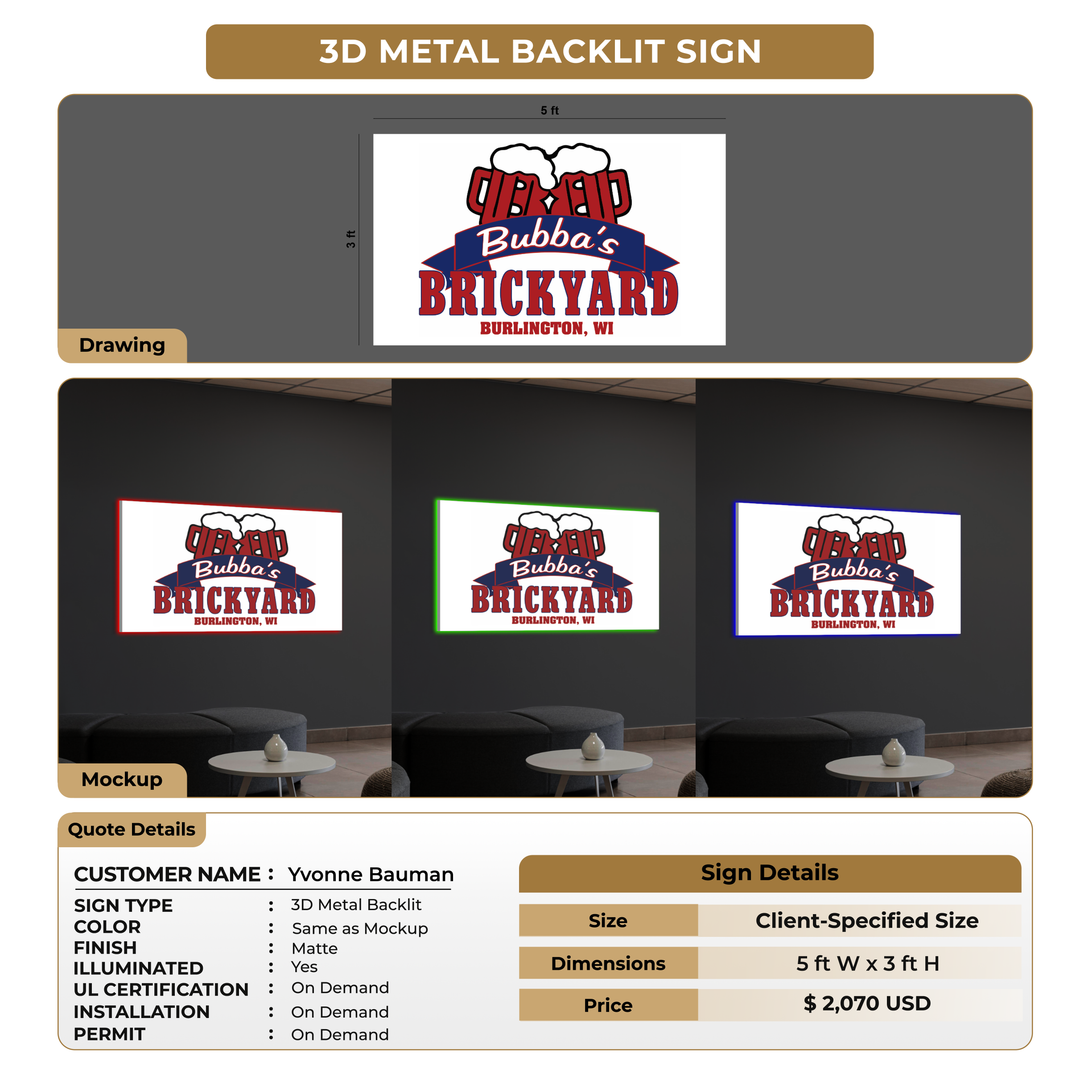 3D Metal Backlit Sign for Yvonne Bauman