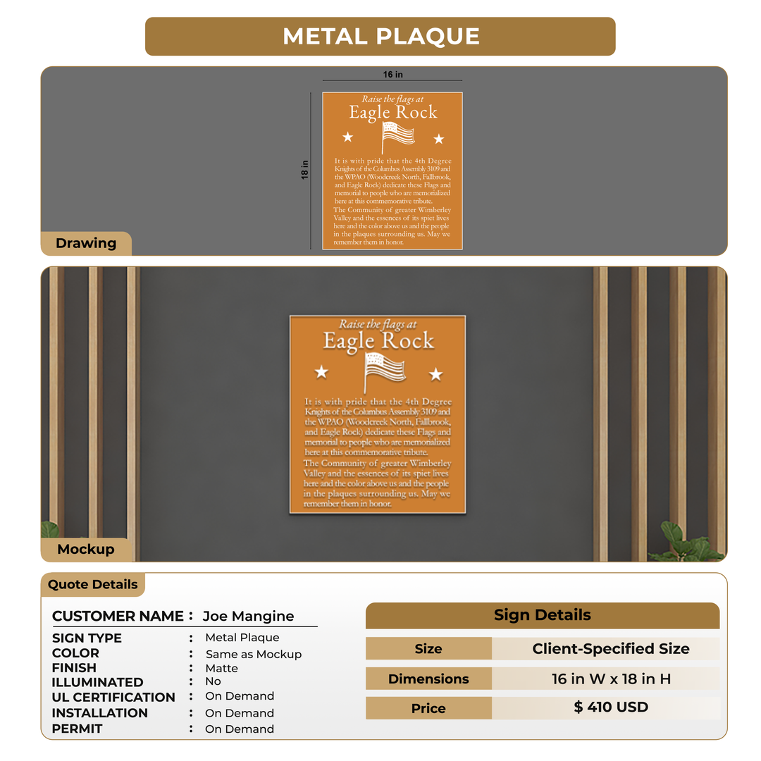 Metal Plaque Signs for Joe Mangine