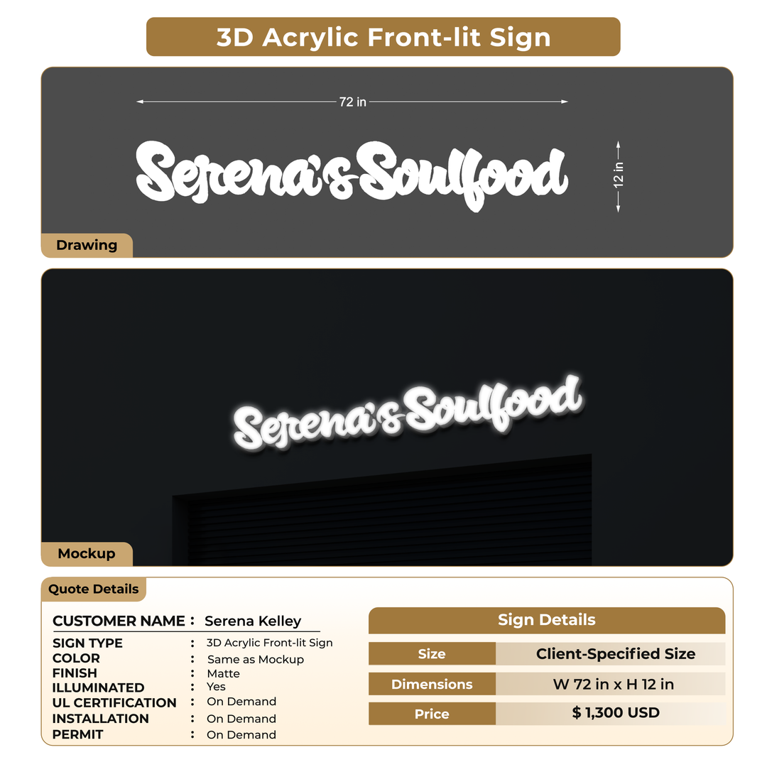 3D Acrylic Front-lit Sign For Serena Kelley