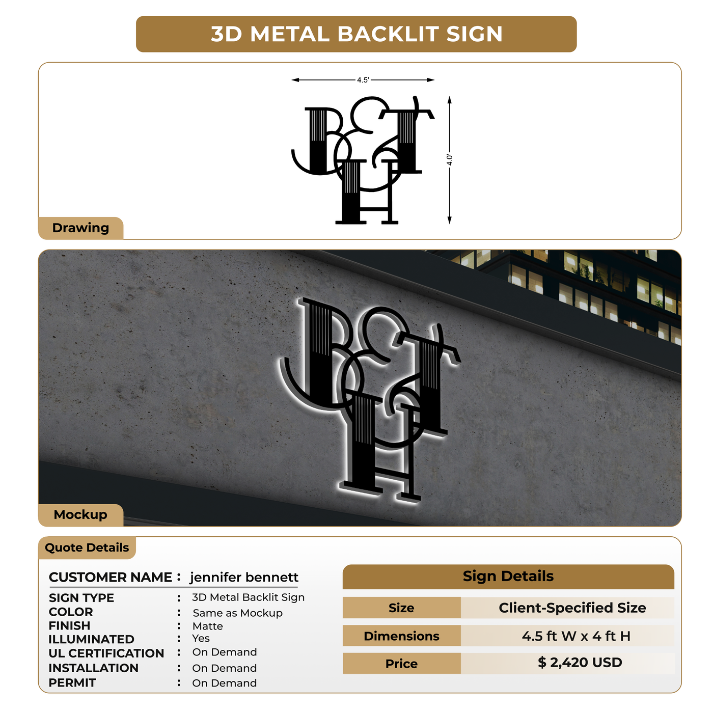 3D Metal Backlit Sign For jennifer bennett