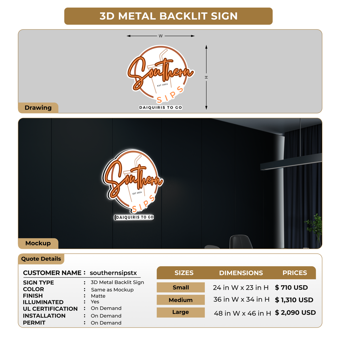 3D Metal Backlit Sign For southernsipstx