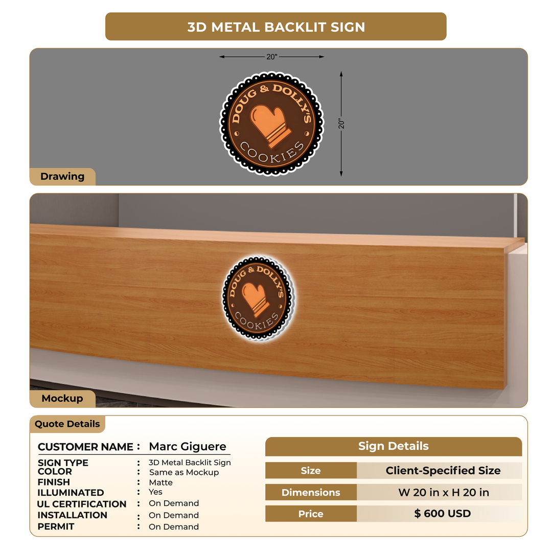 3D Metal Backlit Sign for Marc Giguere