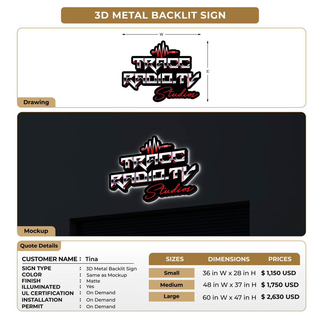 3D Metal Back-lit Sign For Tina