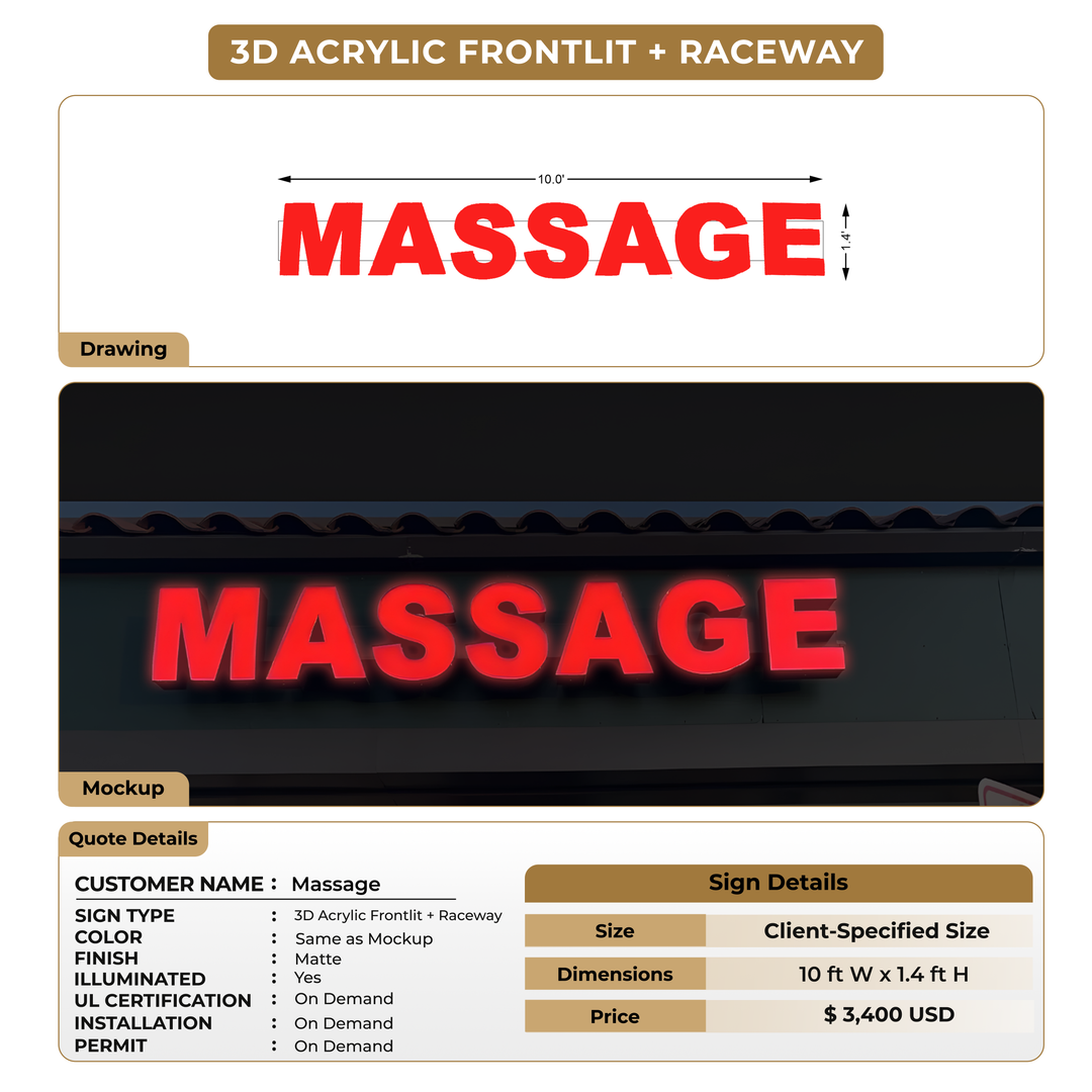 3D Acrylic Frontlit + Raceway Sign for Massage