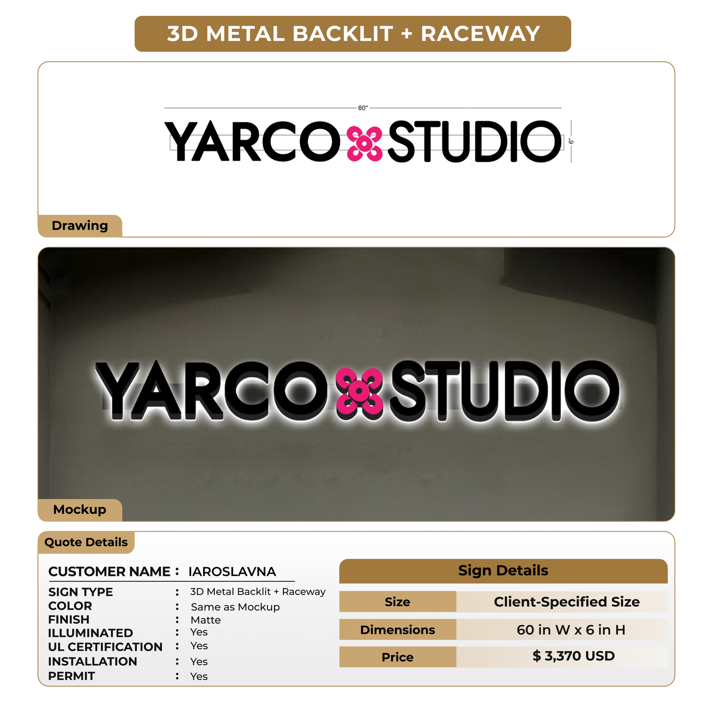 3D Metal Backlit + Raceway Sign For IAROSLAVNA