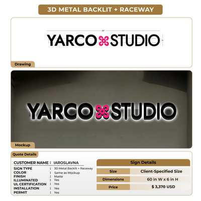 3D Metal Backlit + Raceway Sign For IAROSLAVNA