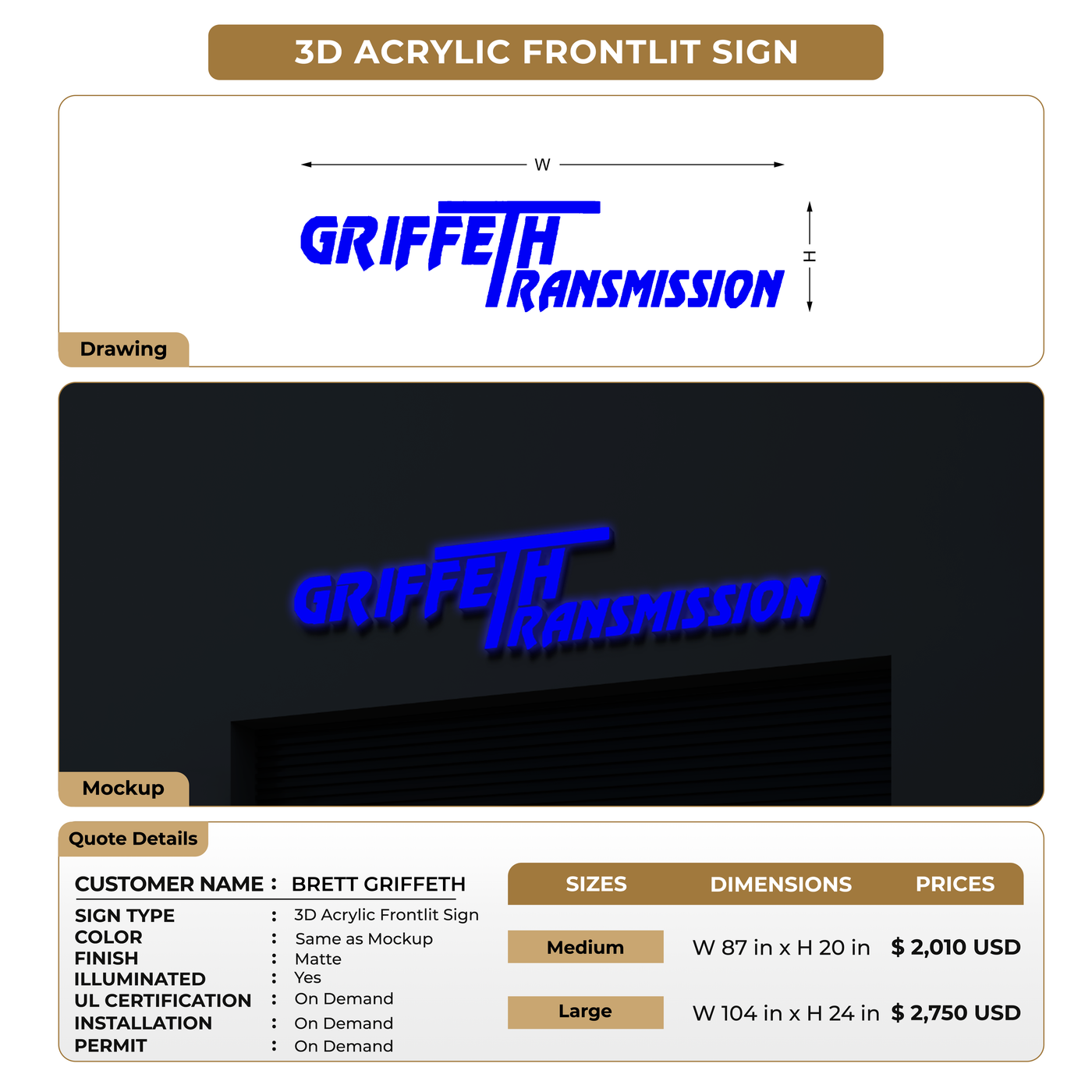 3D Acrylic Frontlit Signs For BRETT GRIFFETH