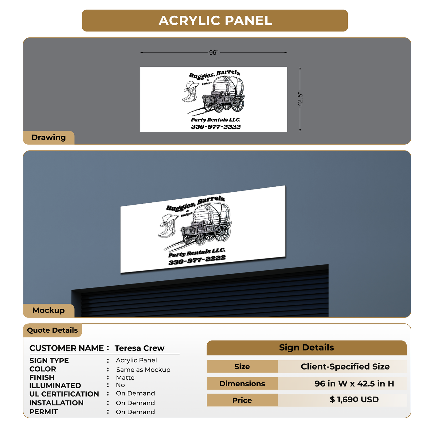 Acrylic Panel Sign For Teresa Crew