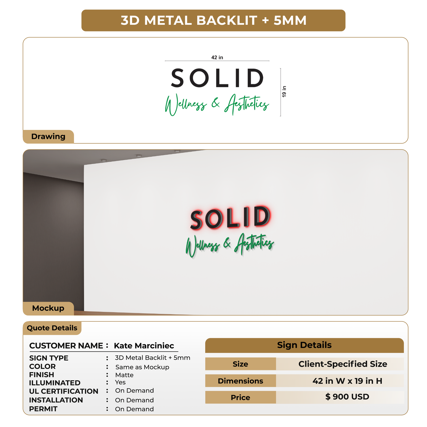 3D Metal Backlit Sign for Kate Marciniec
