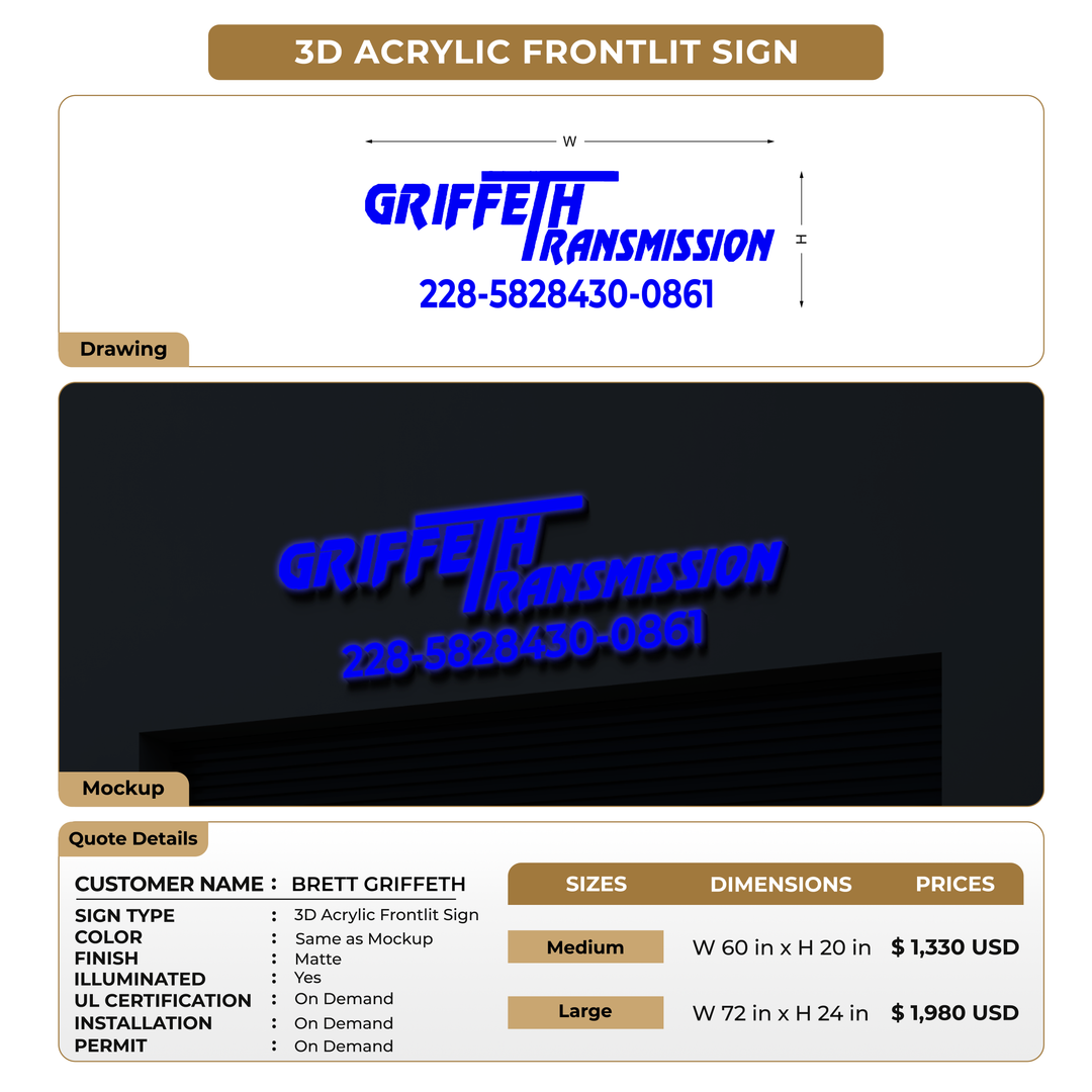 3D Acrylic Frontlit Signs For BRETT GRIFFETH