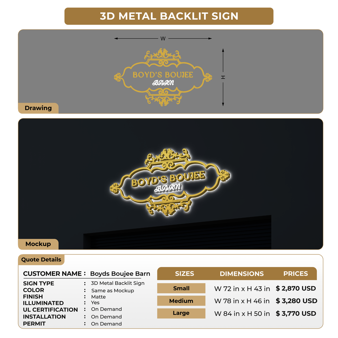 3D Metal Backlit Sign For Boyds Boujee Barn