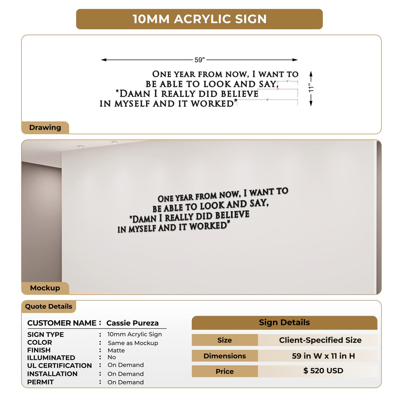 10MM Acrylic Sign For Cassie Pureza