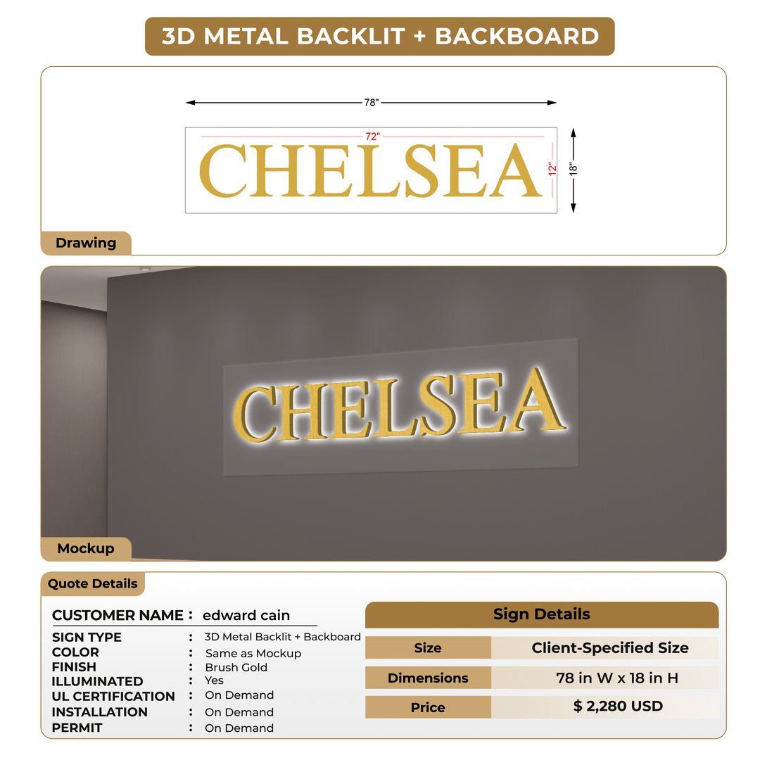 3D Metal Backlit + Backboard Sign For edward cain