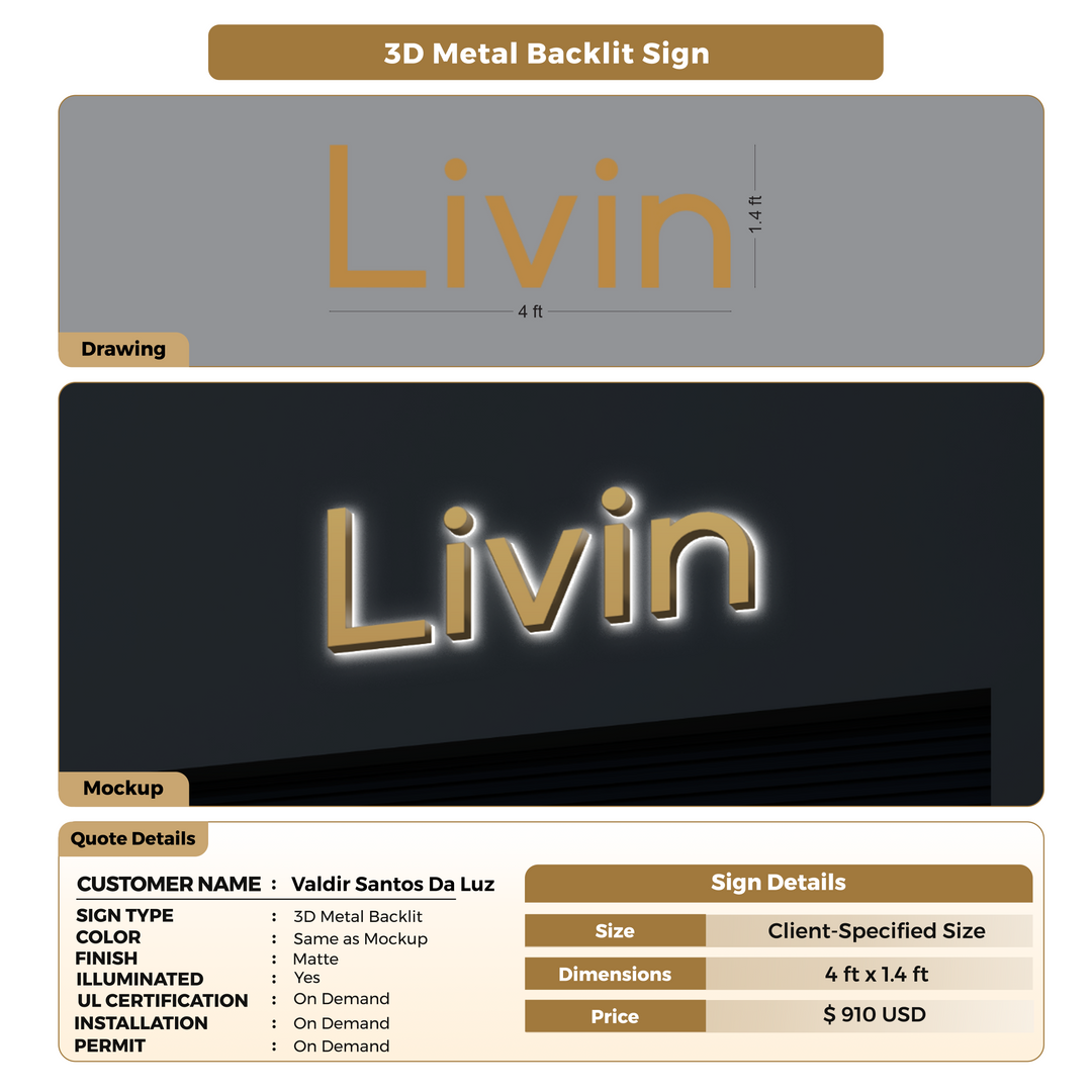 3D Metal Backlit Sign for Valdir Santos Da Luz